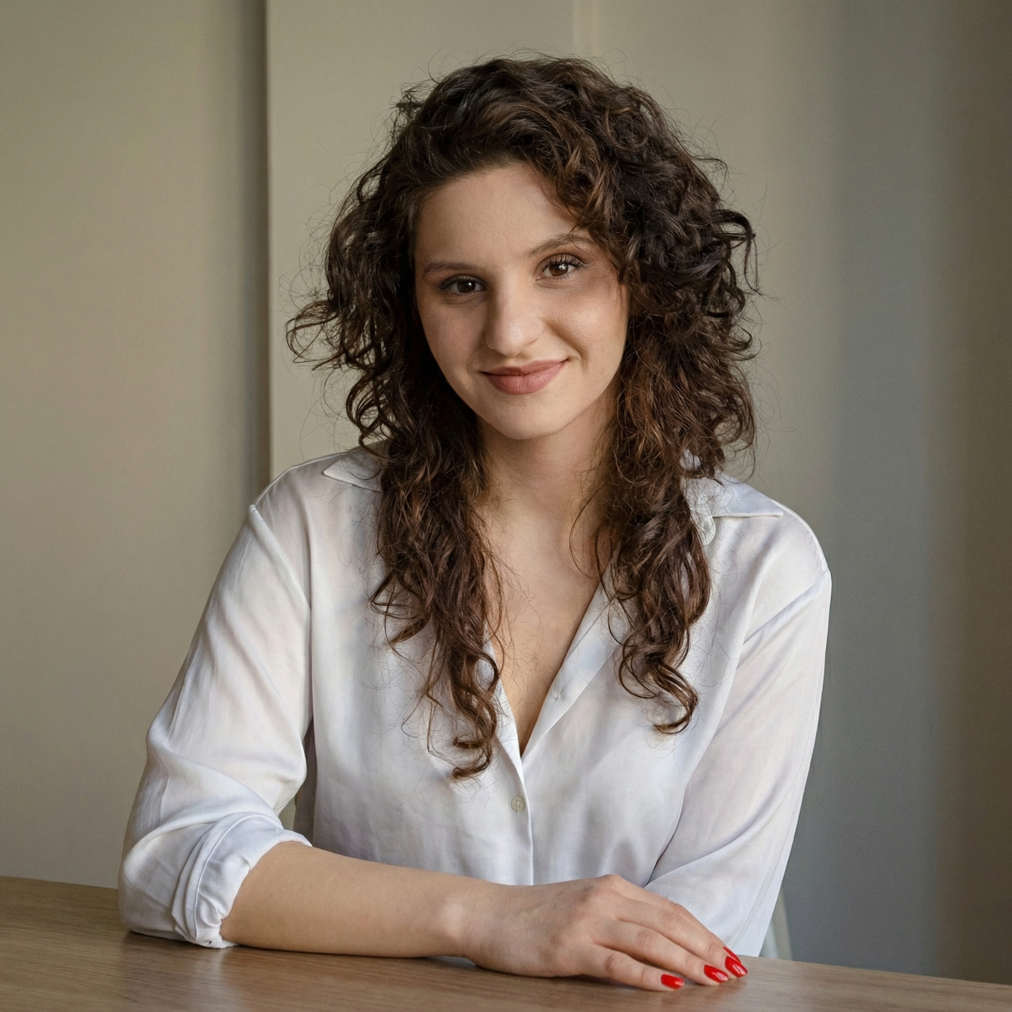 Stylized blue duotone portrait of a person facing the camera with arms crossed